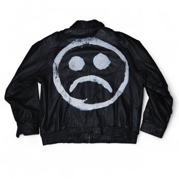 Rentini Other - Rentini VTG Leather Grunge Punk Bomber Jacket "Sad Face" Men's L Black / White